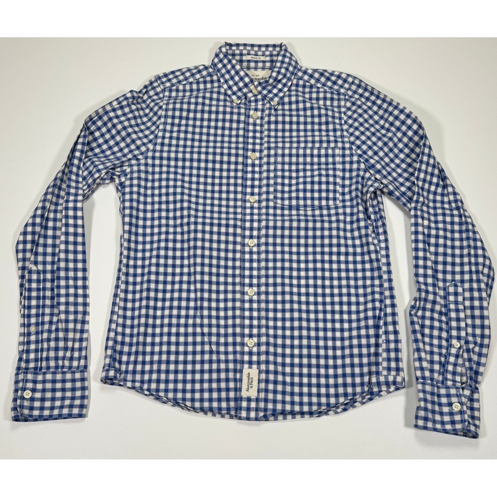 Abercrombie & Fitch Mens M Blue White Gingham Muscle Fit Long Sleeve Button Up